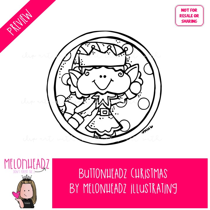 Buttonheadz Christmas clip art, Badge clip art, Round clip art BLACK AND WHITE - Image 2