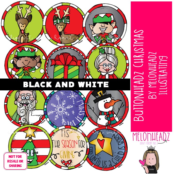 Buttonheadz Christmas clip art, Badge clip art, Round clip art BLACK AND WHITE