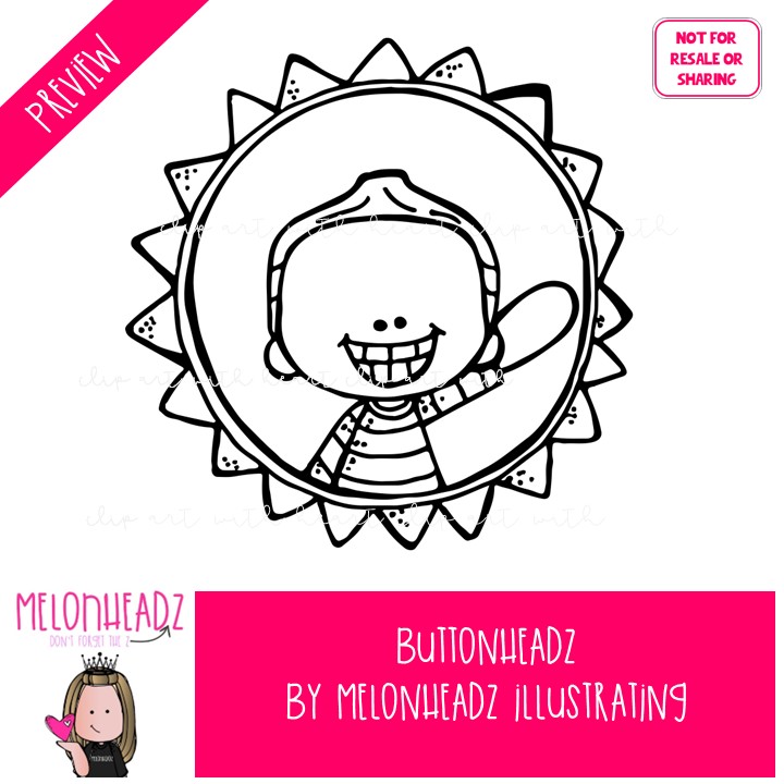 Buttonheadz clip art, kidlettes, circles BLACK AND WHITE - Image 2