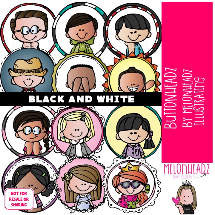 Buttonheadz clip art, kidlettes, circles BLACK AND WHITE