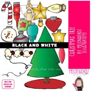 Christmas Tree clip art, Build A, decorations BLACK AND WHITE