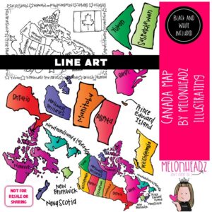 Canada Map clip art, regions LINE ART and BLACK AND WHITE