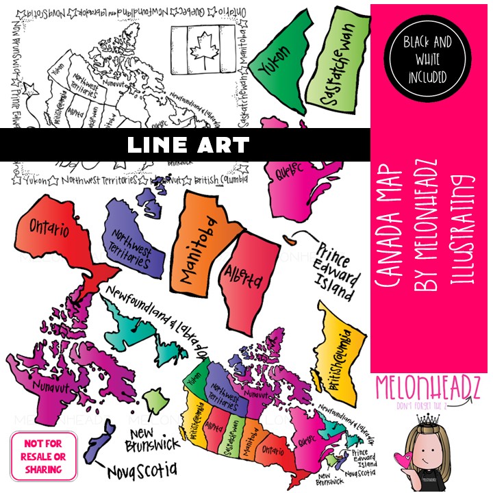 Canada Map clip art, regions LINE ART and BLACK AND WHITE