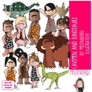 Cavemen and Dinosaur clip art, prehistoric, mastodon COLORED Version