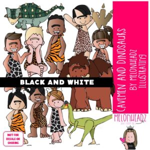 Cavemen and Dinosaur clip art, prehistoric, mastodon BLACK AND WHITE