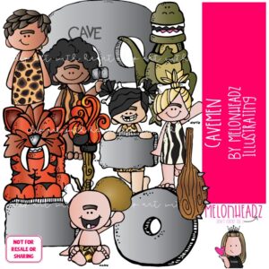 Cavemen clip art, prehistoric, dinosaur COLORED Version