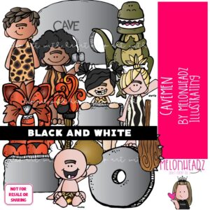 Cavemen clip art, prehistoric, dinosaur BLACK AND WHITE