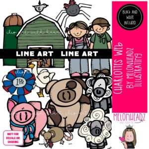 Charlotte's Web clip art, book companion, literature LINE ART and B&W