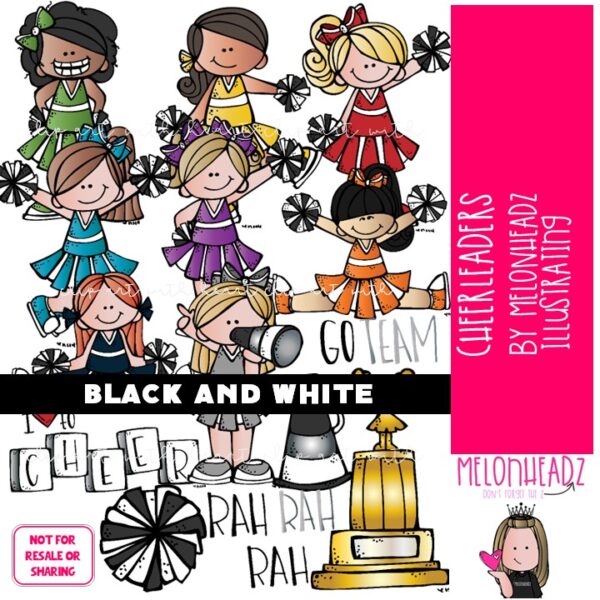 Cheerleaders clip art, sport, school spirit BLACK AND WHITE - Melonheadz