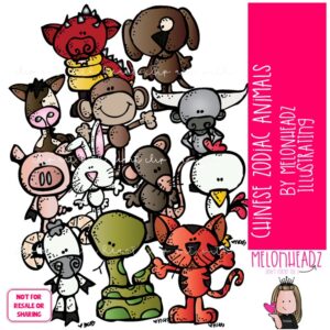 Chinese Zodiac Animals clip art, lunar, astrological COLORED Version