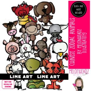 Chinese Zodiac Animals clip art, lunar, astrological LINE ART and BLACK AND WHITE