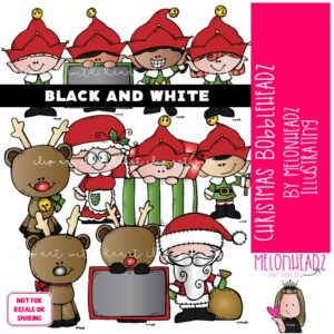 Christmas Bobbleheadz clip art, Santa clip art, elf clip art BLACK AND WHITE