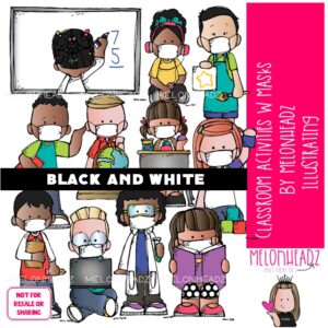 Classroom Activities clip art, masks, school BLACK AND WHITE
