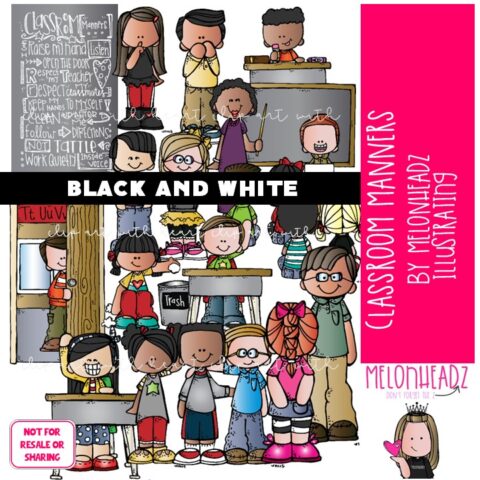 Classroom Manners clip art, etiquette, rules BLACK AND WHITE - Melonheadz