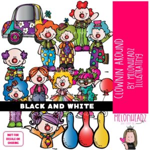 Clownin Around clip art, clowns, costume, circus BLACK AND WHITE