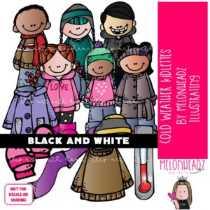 Cold Weather Kidlettes clip art, Winter clip art BLACK AND WHITE