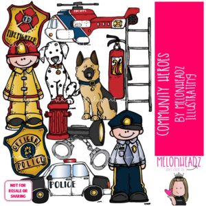 Community Heroes clip art, fireman, police officer COLORED Version