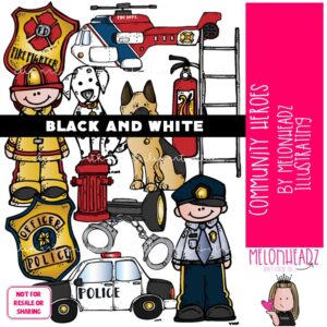 Community Heroes clip art, fireman, police officer BLACK AND WHITE