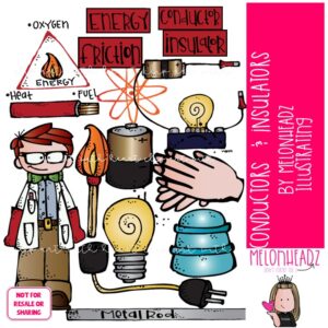 Conductors and Insulators clip art, science, experiment COLORED Version
