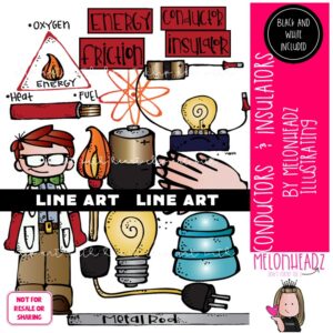 Conductors and Insulators clip art, science, experiment LINE ART and B&W