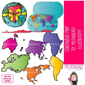 Continent map clip art, world COLORED Version