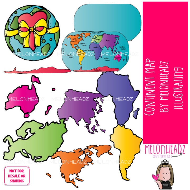 Continent map clip art, world COLORED Version