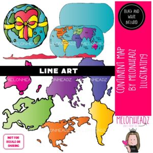Continent map clip art, world LINE ART and BLACK AND WHITE