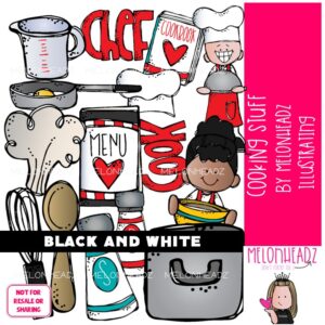 Cooking Stuff clip art, kid, chef BLACK AND WHITE