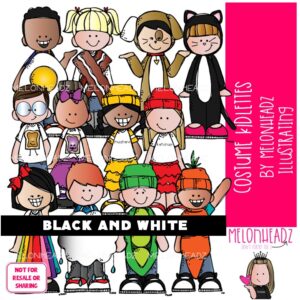 Costume Kidlettes clip art, Halloween, pairs BLACK AND WHITE