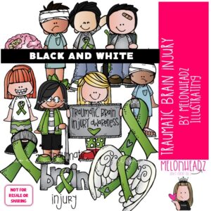 Traumatic Brain Injury clip art, awareness, TBI, ribbon BLACK AND WHITE