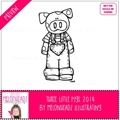 3 Little Pigs clip art BLACK AND WHITE digi stamps - Melonheadz