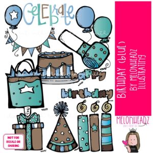 Birthday clip art, Blue, cake, balloons COLORED Version