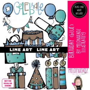 Birthday clip art, Blue/Pink, cake, balloons LINE ART and BLACK AND WHITE