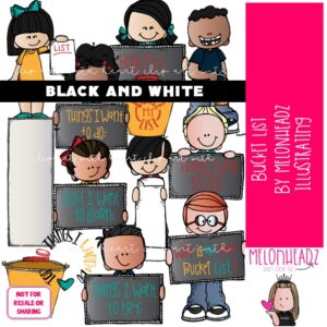 Bucket List clip art, future, things to do BLACK AND WHITE