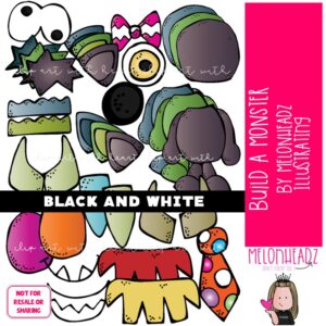 Build a Monster clip art, Mix & Match Monster parts, Halloween BLACK AND WHITE