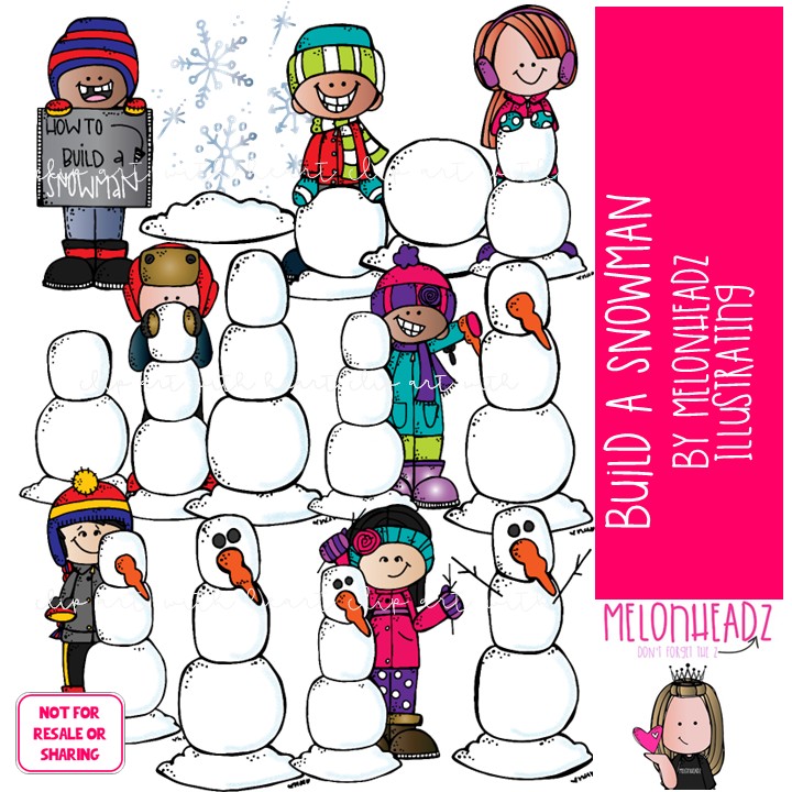 Build A Snowman clip art, winter, sequence, snowflake COLORED Version