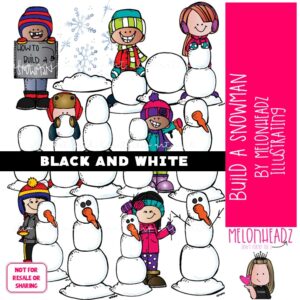 Build A Snowman clip art , winter, sequence, snowflake BLACK AND WHITE