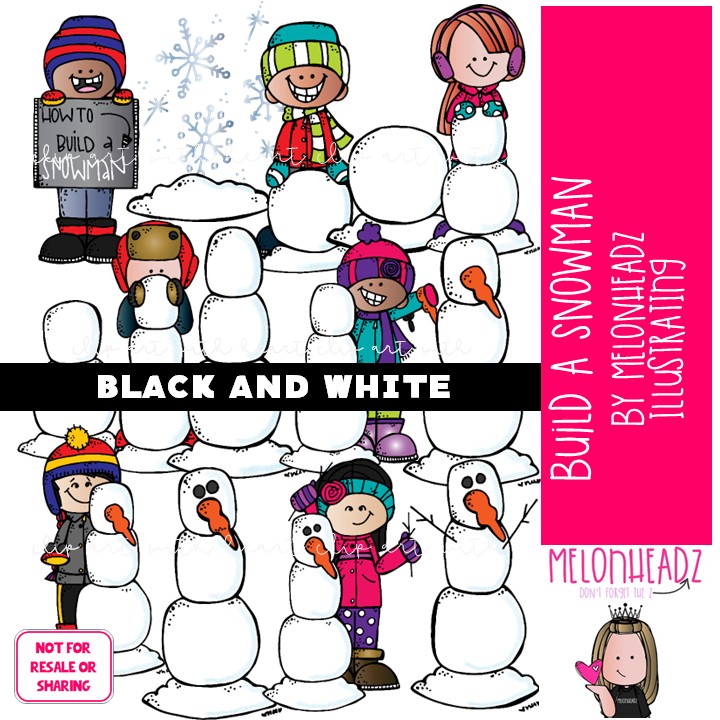 Build A Snowman clip art , winter, sequence, snowflake BLACK AND WHITE