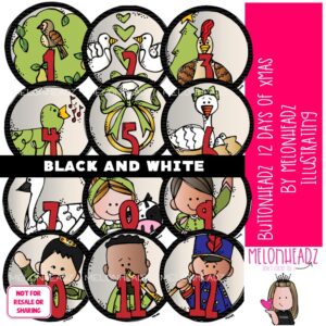Buttonheadz clip art, 12 Days of Christmas clip art  BLACK AND WHITE