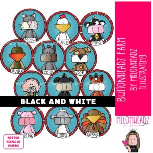 Buttonheadz clip art, Farm animals, Old MacDonald BLACK AND WHITE