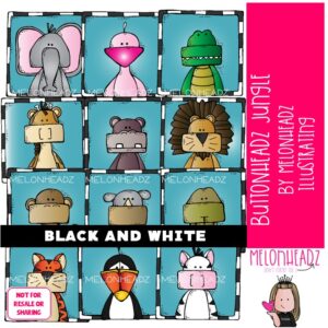 Buttonheadz clip art, Jungle animals, safari, zoo BLACK AND WHITE