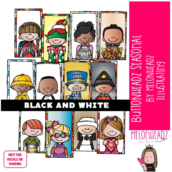 Buttonheadz clip art, Seasonal, holiday, tag BLACK AND WHITE