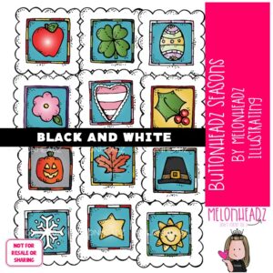 Buttonheadz clip art, Seasons, holiday, stamp BLACK AND WHITE