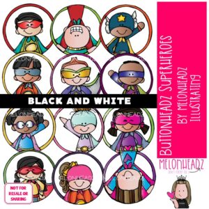 Buttonheadz clip art, Superhero, circles BLACK AND WHITE