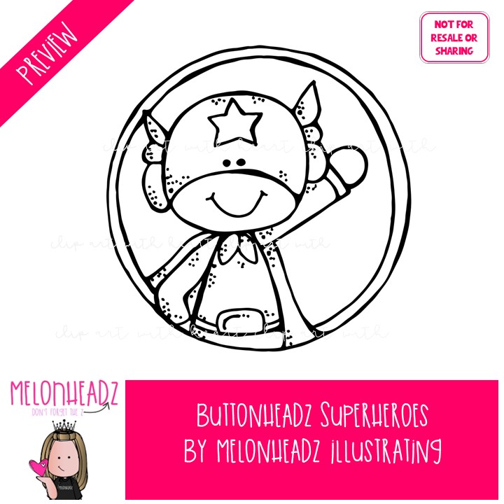 Buttonheadz clip art, Superhero, circles BLACK AND WHITE - Image 2