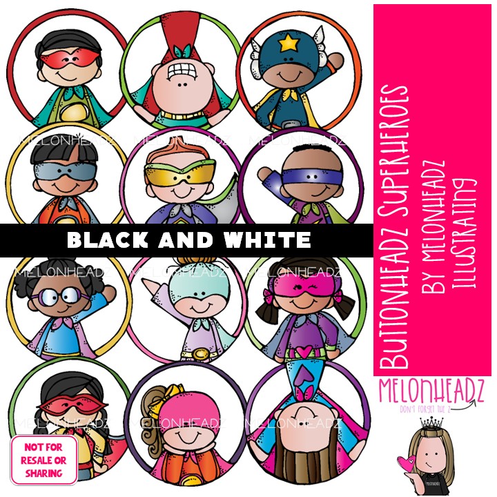 Buttonheadz clip art, Superhero, circles BLACK AND WHITE