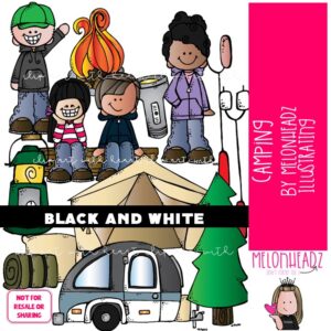 Camping clip art, trailer, fire BLACK AND WHITE