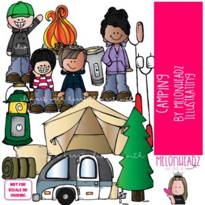 Camping clip art, trailer, fire COLORED Version