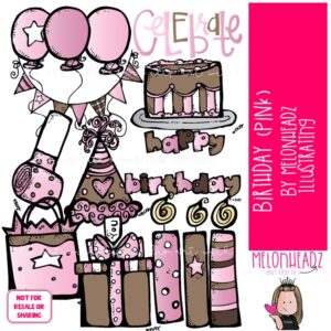 Birthday clip art, Pink, cake, balloons COLORED Version