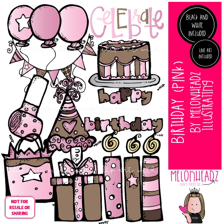 Birthday clip art, Pink, cake, balloons COMBO PACK